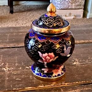 Chinese Cloisonne Brass Blue Black Pink Floral Bird Ginger Jar Trinket Urn 3.5"H